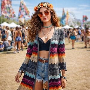 Solutions Multicolor Chevron Zigzag Open Front Duster Cardigan Size M Coachella